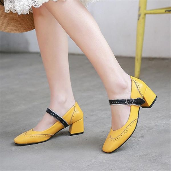 

dress shoes pxelena british wingtip women mary janes block square med heels pumps mixed color lady party footwear plus size 43, Black