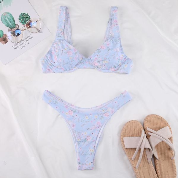 

2021 swimsuit women print push-up padded bra bandage bikini set triangle swimwear bathing suit ribbed biquini femalein