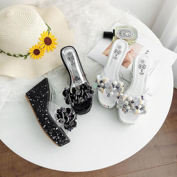 

high-heeled shoes lady slippers flat slipers women on a wedge platform glitter slides black sandals summer soft 2021 jelly