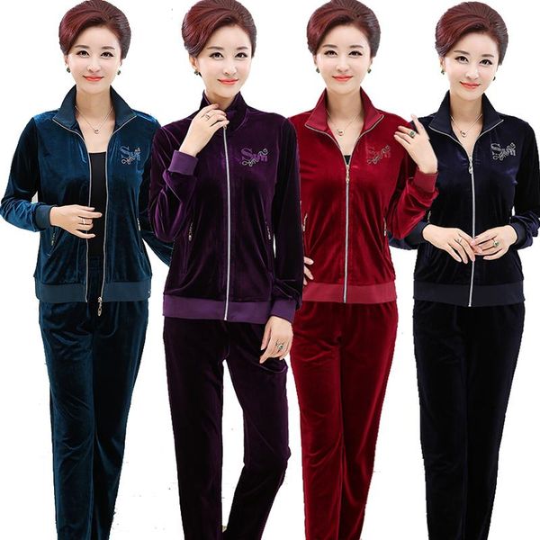 

two piece dress middle-aged tracksuits women set spring autumn plus size gold velvet 2 tracksuit clothes + casual sweatpants, White