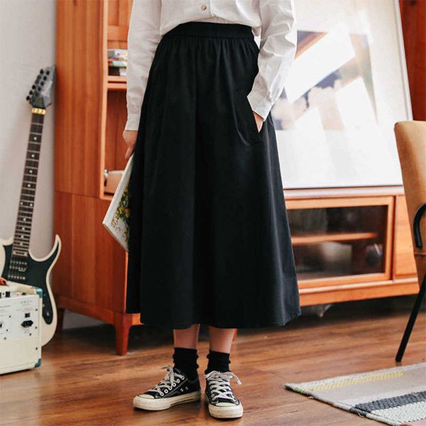 

skirts spring preppy style women elastic waist loose a-line all-matched casual solid cotton long skirt femme saia v256 qqs8, Black