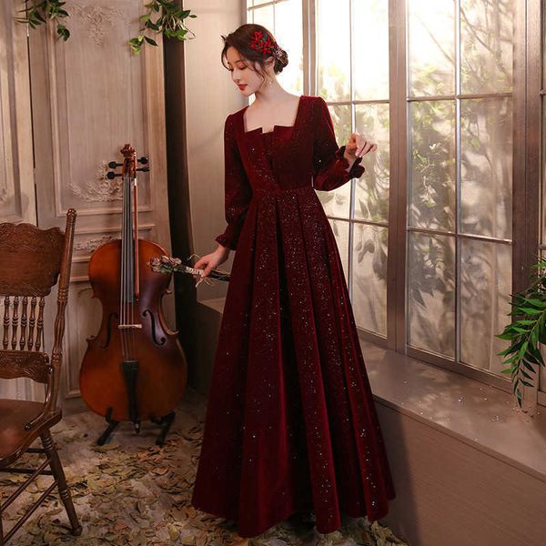 

luxury evening dress bride's toast 2021 red back door long sleeve wedding evening skirt female autumn engagement veet winter, Black;gray