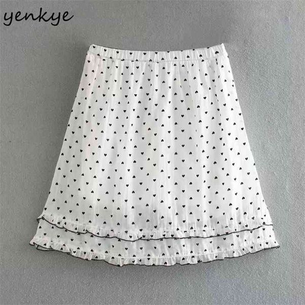 

fashion women heart pattern sweet skirt female elastic high waist a-line mini holiday summer chiffon jupe femme 210514, Black
