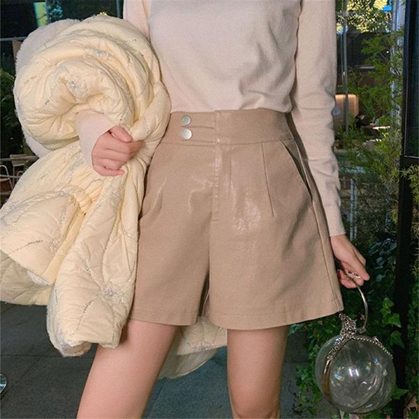 

women's shorts 2021 autumn winter ladies high waist pu leather korean fashion female solid wide leg women loose g97, White;black