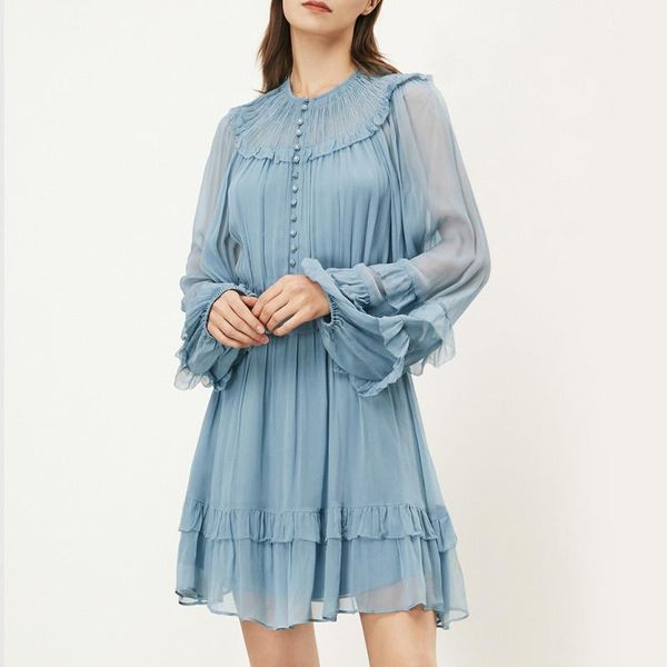 

casual dresses 2021 spring summer women ruffles single breasted robe mesh o-neck short dress, Black;gray