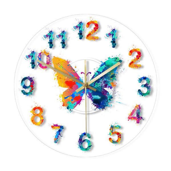 

colorful numbers modern wall clock watercolor butterfly painting art hanging timepiece fine print silent clocks