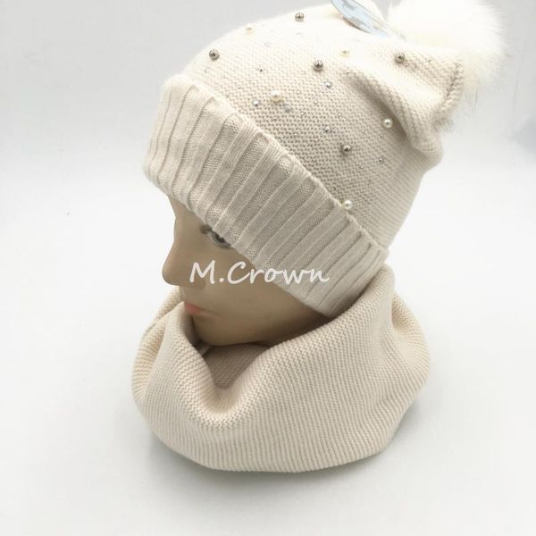 

hats, scarves & gloves sets winter ladies women's simple white pompoms with pearls and rhinestones knitted hat +scarf, Blue;gray