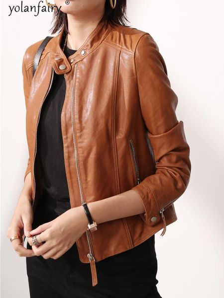 

women's leather & faux fashion biker jacket for women real sheepskin coat female short jackets spring autumn 2021 veste femme pph4967, Black