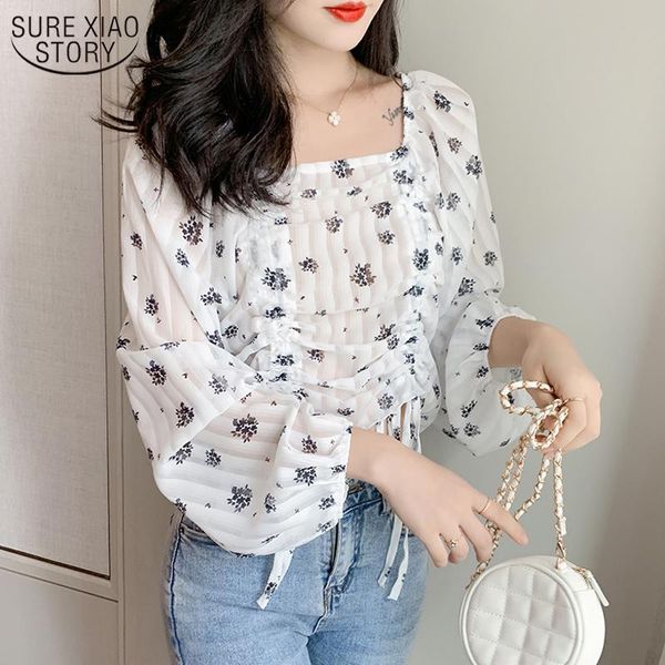 

women's blouses & shirts 2021 korean style drawstring design chiffon blouse fashion vintage printed square collar floral woman's 1, White