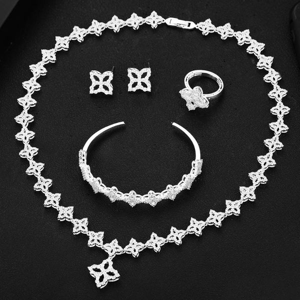 

earrings & necklace luxury saudi jewelry sets for women wedding flowers lariat earring full zircon dubai bridal set 2021, Silver