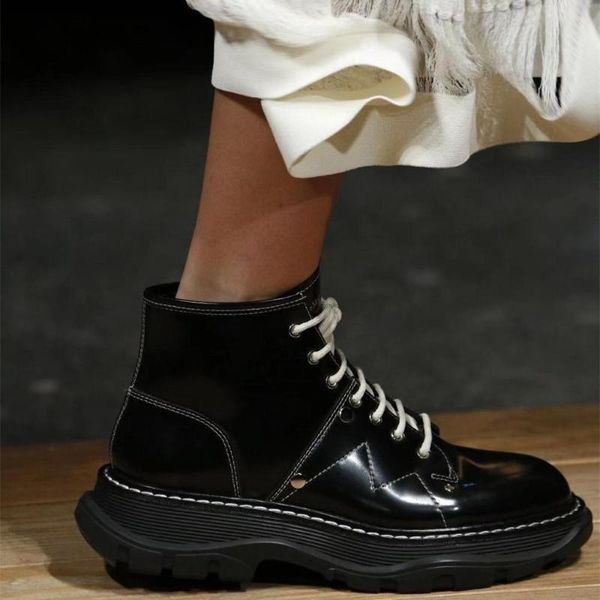 

boots white black leather cowboy runway style chunky platform genuine knight winter shoes women