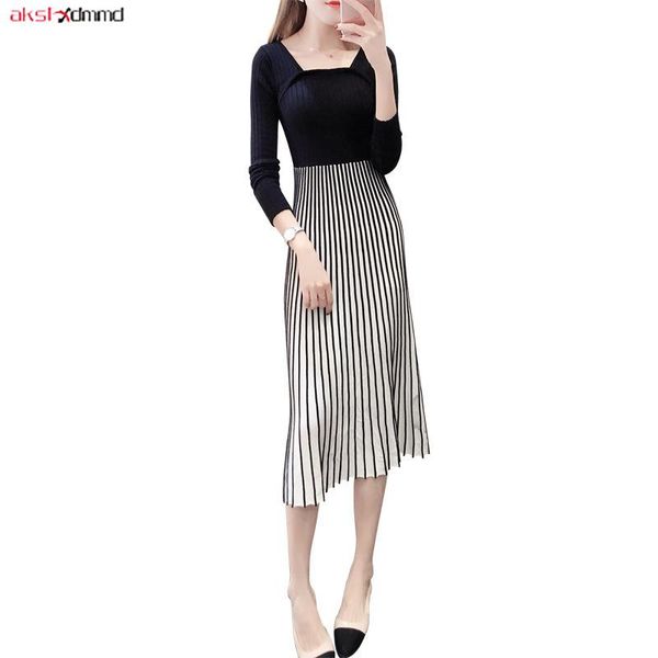 

casual dresses a-line knitted dress women 2021 elegant autumn striped mid-calf full high waist square collar female vestido ac051, Black;gray