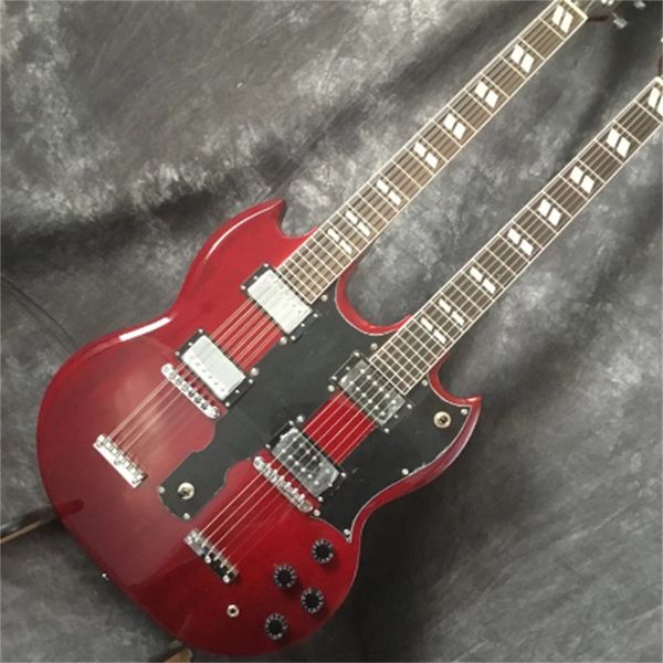 

electric guitar, double head, red wine, 12 string + 6 string, silver hardware guitars guitarra