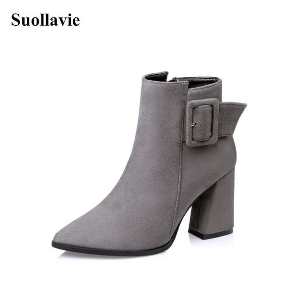 

boots pointed high-heeled women's faux suede belt buckle square heel side zipper winter ankle, Black