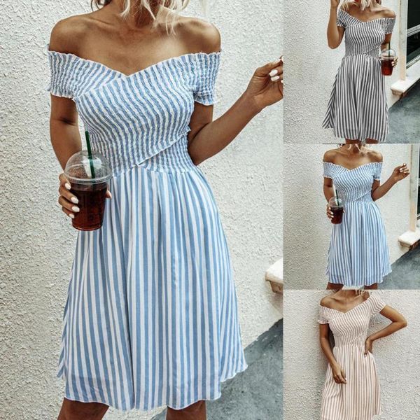 

casual dresses summer vertical stripe backless dress women for party, Black;gray