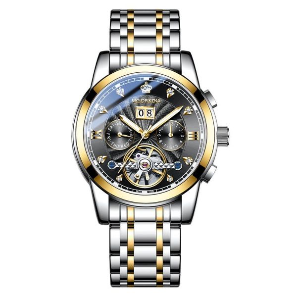 

wristwatches fashion men's mechanical wristwatch crystal day/week/month stainless steel watch gift box ship, Slivery;brown