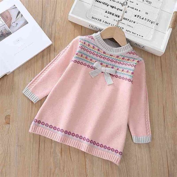 

gooporson toddler girl fall clothes bow tie flower embroidery knit sweater long fashion children costume vestidos 210715, Blue