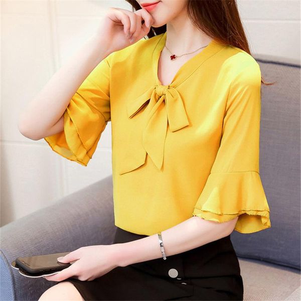

women's blouses & shirts office work wear women spring summer style chiffon lady half flare sleeve bow collar, White