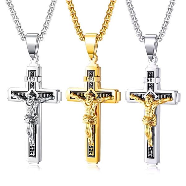 

pendant necklaces catholic jesus christ on inri cross crucifix stainless steel necklace, Silver