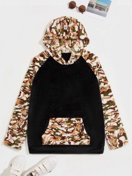 

men camo pattern raglan sleeve kangaroo pocket hooded flannel sleep v7ex#, Black;brown