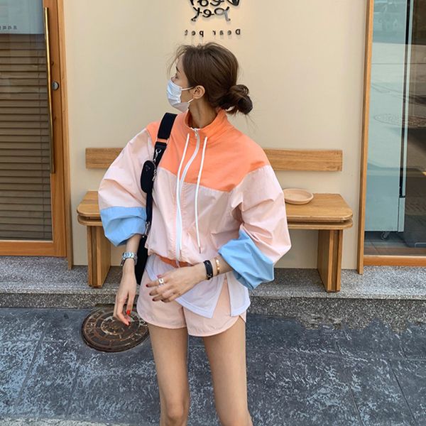 

women's two piece pants korean sports suit female spring western fashion loose contrast jacket shorts casual sunscreen two-piece n, White
