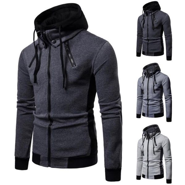 

men's hoodies & sweatshirts autumn winter warm drawstring hoodie patchwork cardigan zipper men long sleeve sport full zip jacket coat, Black