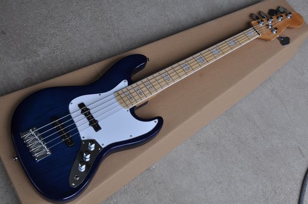 Синие тело 5-струнные электрические бас-гитара с белой жемчужной инкрустацией, а также белый пикер, оборудование Chrome, предоставляют индивидуальные услуги
