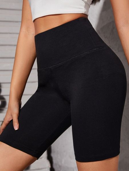 

petite solid high waist biker shorts l6ii#, Black