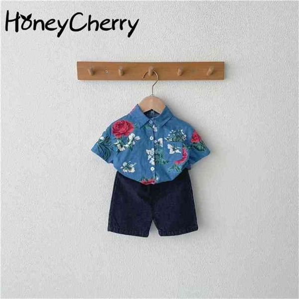 

summer baby retro shirt denim shorts two sets girl clothes set 210702, White