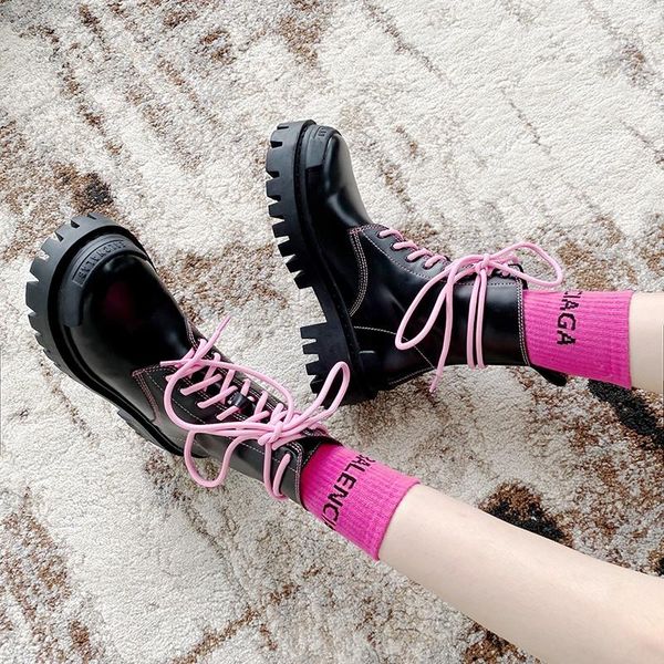 

boots thick bottom lace up cool knight bootie pink ankle leather bota female winter autumn shoes, Black