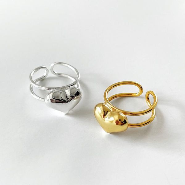 

cluster rings 1pc 18k gold authentic s925 sterling silver double rows layers rounded love heart ring fine jewelry c-j1560, Golden;silver