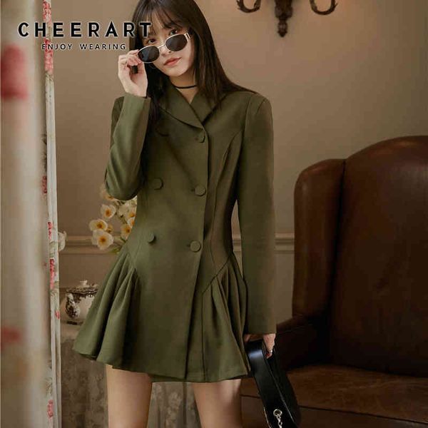 Outono Exército Verde Blazer Vestido Mulheres Manga Longa Dupla Breasted Ruffle Mini Uma Linha Ladies Roupas 210427