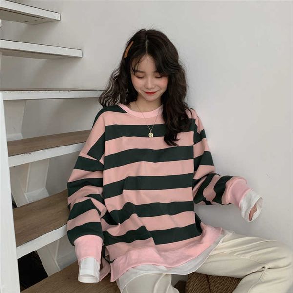 

korea fake two-piece striped fashion chic autumn ins harajuku vintage o-neck long-sleeved sweatshirt women clothing 210608, Black