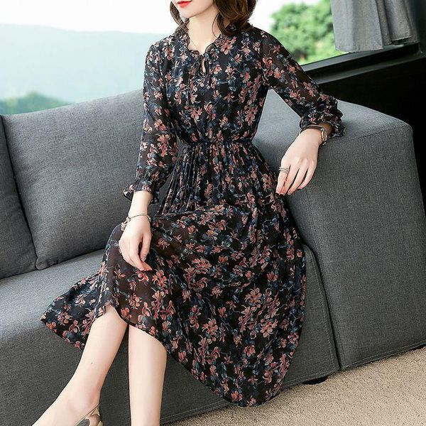 

casual dresses coigarsam women dress autumn 2021 office lady vintage print long sleeve silk butterfly v-neck black, Black;gray
