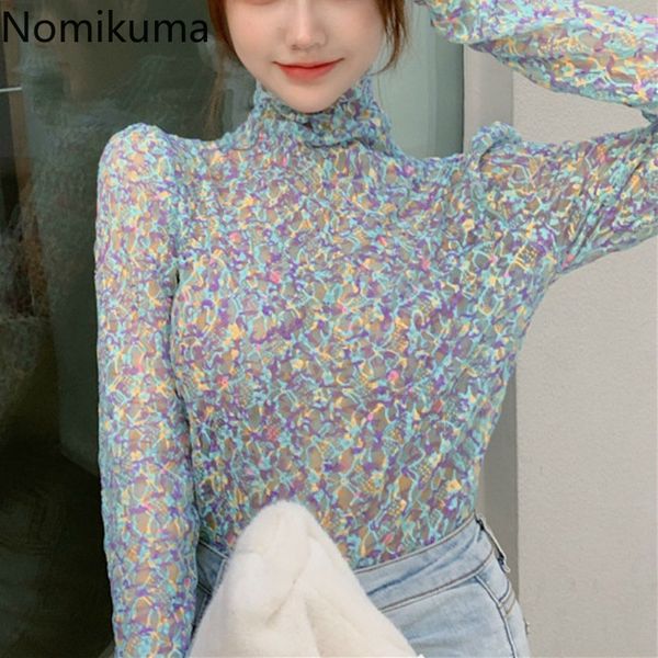 

nomikuma slim fit floral printed t shirt women long sleeve turtleneck basic tshirts female casual korean chic tees 210514, White