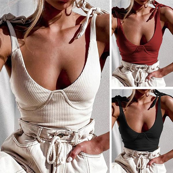 

women's t-shirt summer deep v low collar sleeveless european and american bind bowknot backless cultivate one's morality condole b, White