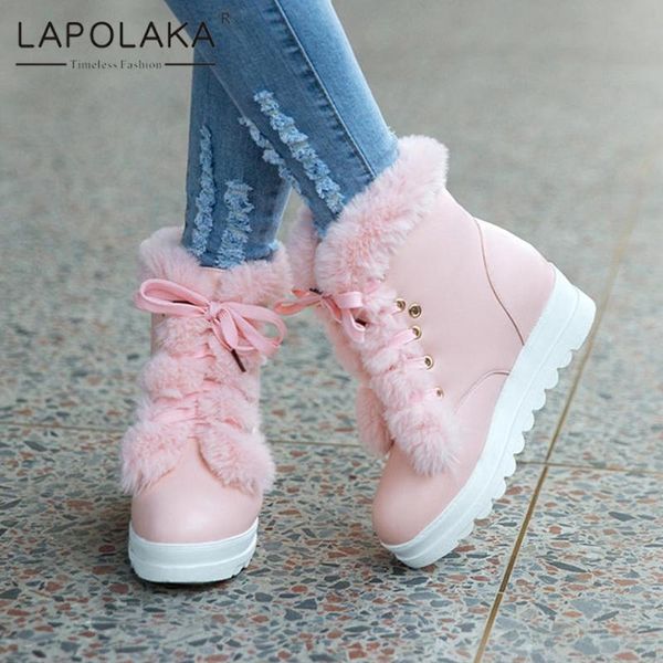

boots lapolaka arrivals dropship platform plush warm winter snow woman shoes non-slip icreasing cross tied ladies, Black