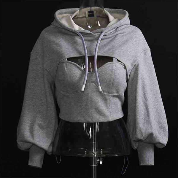 

women crop hoodie hollow out autumn spring pullover hooded sweatshirt tracksuit high street 210816, Black