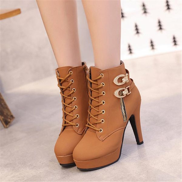 

boots women high heels platform ankle for botas femininas mujer lace-up fashion pu leather, Black