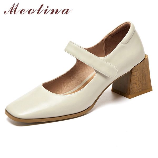 

meotina sheepskin high heel pumps genuine leather mary janes shoes women thick heels shoes square toe lady footwear white 41 42 210520, Black
