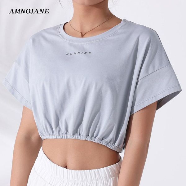 

yoga outfit loose crop workout for women fitness shirt shirts sport t cotton gym running jacket blouse elastic hem
