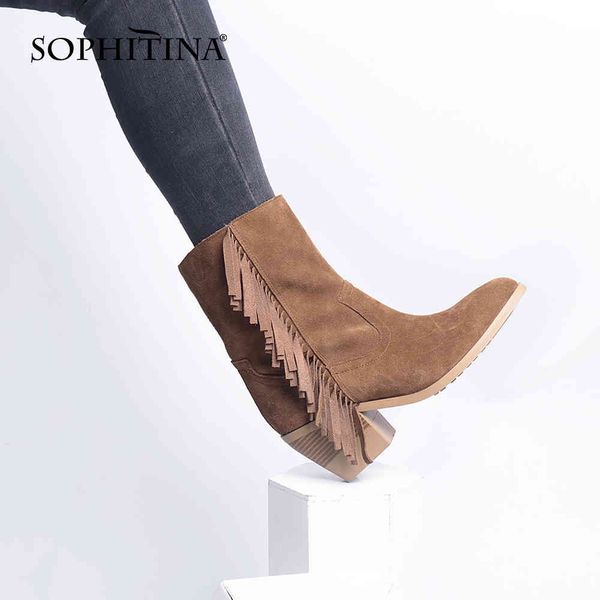 Sophitina kadın botları batı kovboy bootie püskül kahverengi süet deri ayakkabı sonbahar moda stil kadın ayakkabı pc776 210513