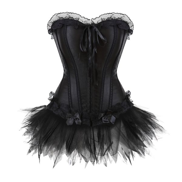 

black overbust corset and mini skirt lace up boned bustier lace decorated showgirl clubwear lingerie with dress, Black;white