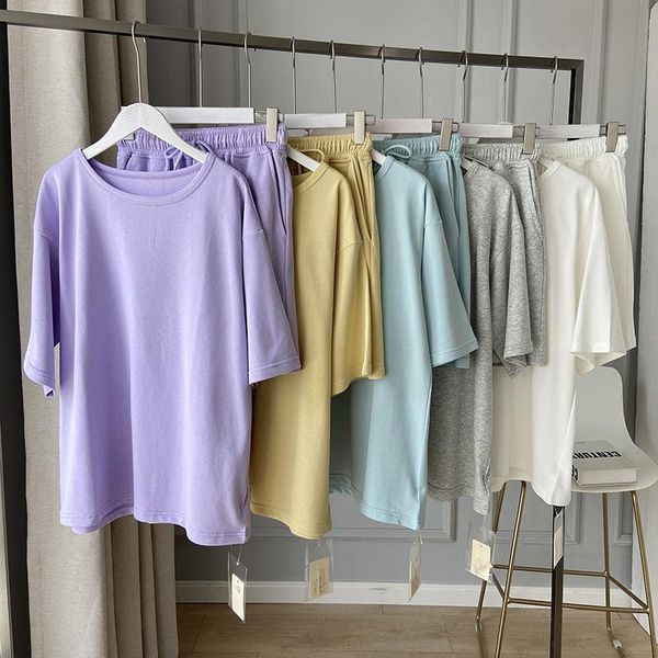 

women's tracksuits summer fresh two piece set women o neck short sleeve + high elastic waist pants korean loose casual shorts sets, Gray