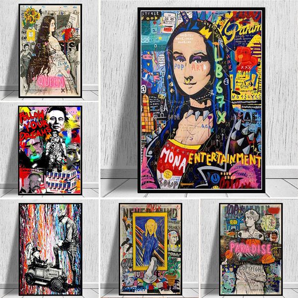 

mona lisa (mona lisa) graffiti wall art on a funny canvas on the wall painting artistic pictures for living room home decoration