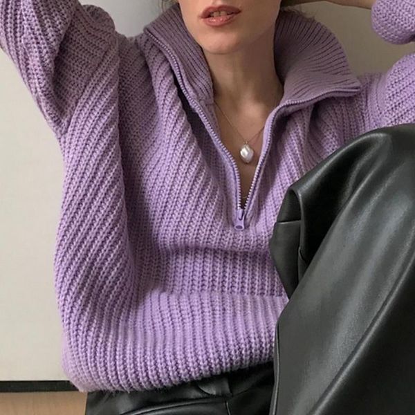 

women's sweaters autumn winter thicken knitted sweater women casual zipper collar loose pullovers female white jumper 2021, White;black