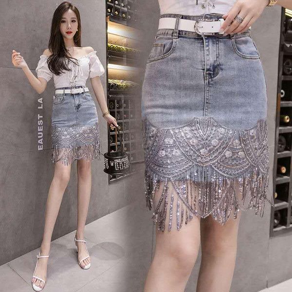 

skirts women tassel sequins denim skirt 2021 female summer lady spring high waist fashion ladies casual hip b714, Black