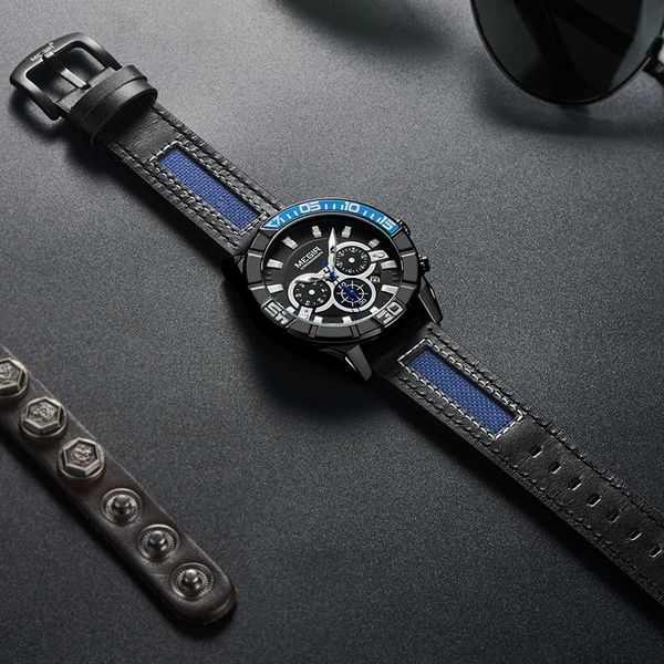 

wristwatches megir military chronograph sports watches leather strap brand water ressistance quartz clock relogio masculino, Slivery;brown