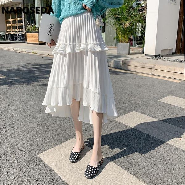 

skirts womens 2021 korean style fashion spring summer midi long skirt woman elegant high waist white black ruffle pleated
