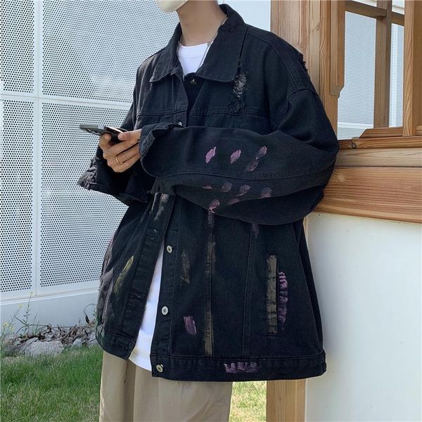 

men's jackets cotton graffiti denim jacket fashion casual ripped mens streetwear loose hip-hop hole bomber men, Black;brown
